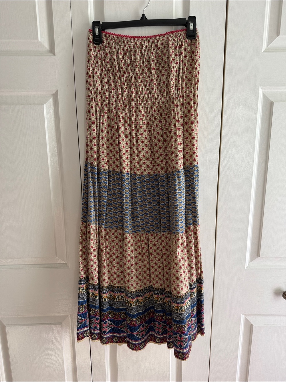 Maxi Boho Tiered Dress in Cream with Blue and Pink Accents